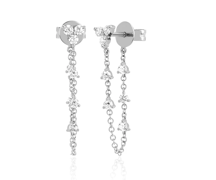 Trio Prong Set Diamond Chain Stud Earrings